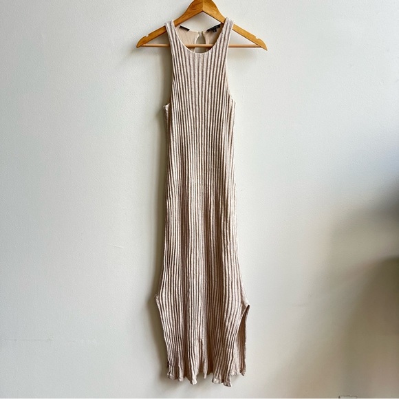 Massimo Dutti Ribbed Stretch Knit Sleeveless Maxi Dress Womens Size Medium Beige - Picture 2 of 10